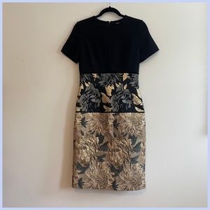 Short Sleeve Black and Gold Hourglass Pencil Dress w/ Floral Embroidery - 4